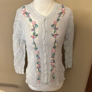 Gray and Pink Cardigan with Floral Embroidery